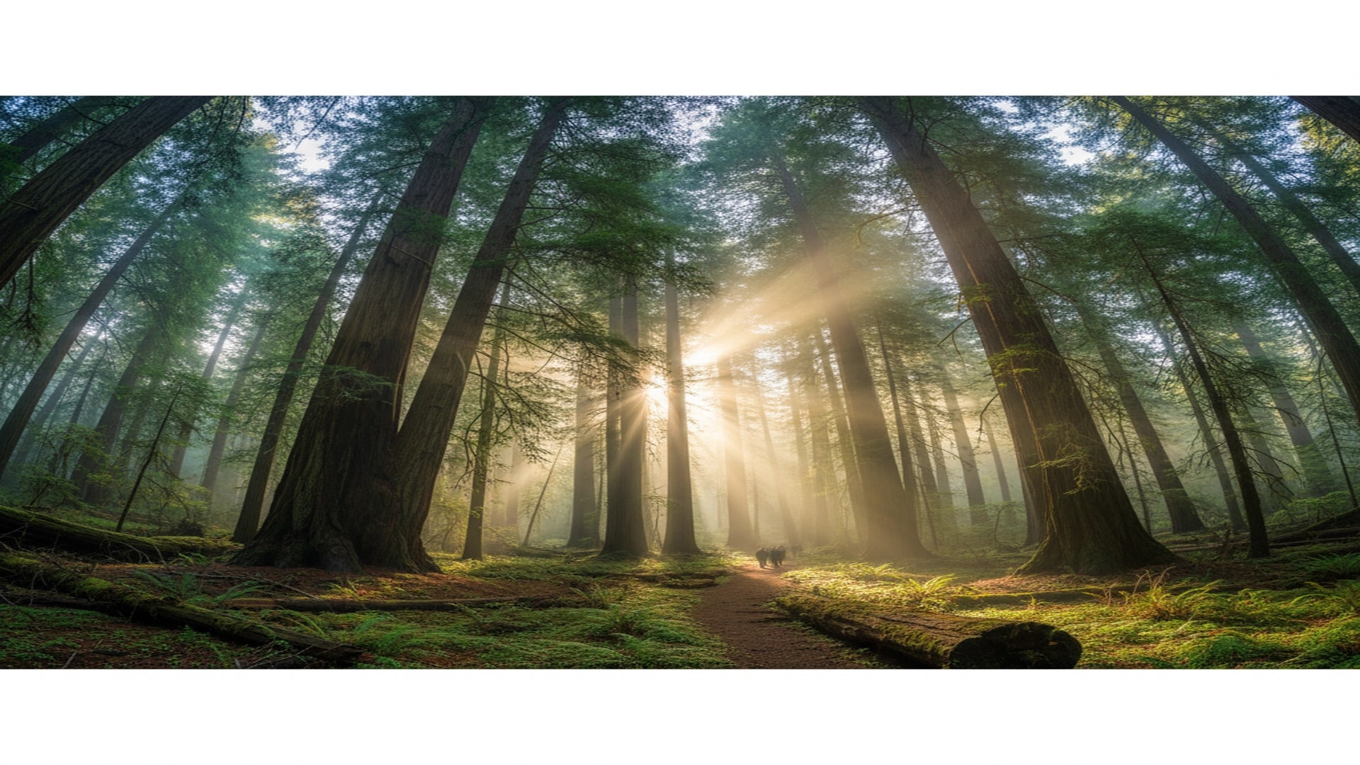 Ancient redwood forest with golden sunlight shafts